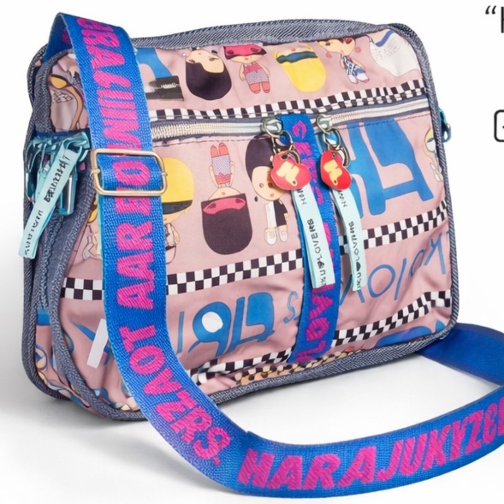 Harajuku Lovers Crossbody Bag Pink Cartoon Print Multi Pocket Y2K Kawaii